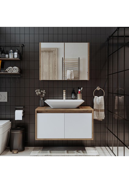 Roomart Tm7.2 Ayaksız 2 Kapaklı Lavabolu Ahşap-Mat Beyaz Mdf 85 cm Banyo Dolabı + Aynalı Banyo Üst Dolabı