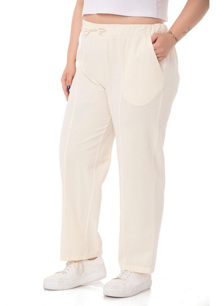 Büyük Beden Beli Lastikli ve Ip Büzgü Detaylı Ekru Pantolon indirimleri