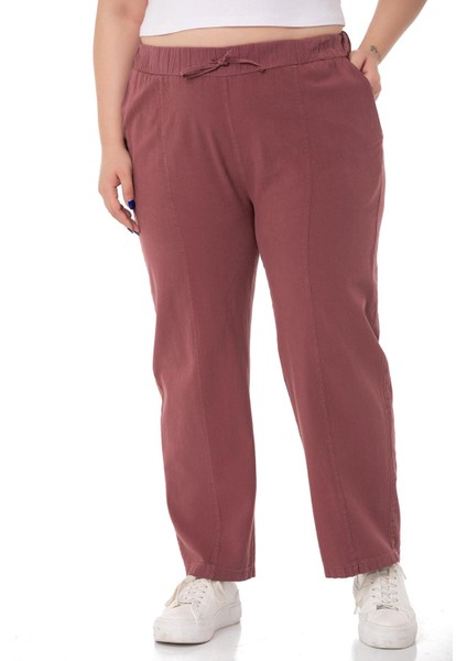 Büyük Beden Beli Lastikli ve Ip Büzgü Detaylı Mürdüm Pantolon