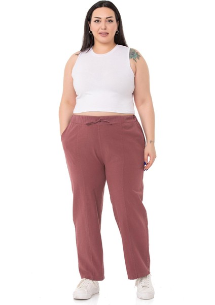 Büyük Beden Beli Lastikli ve Ip Büzgü Detaylı Mürdüm Pantolon fiyatları