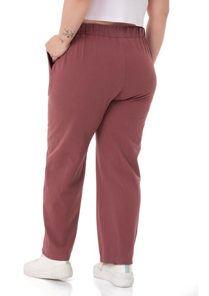 Büyük Beden Beli Lastikli ve Ip Büzgü Detaylı Mürdüm Pantolon modelleri