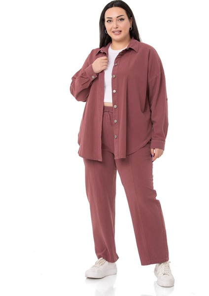 Büyük Beden Beli Lastikli ve Ip Büzgü Detaylı Mürdüm Pantolon fırsatları