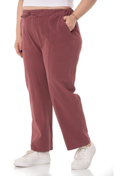 Büyük Beden Beli Lastikli ve Ip Büzgü Detaylı Mürdüm Pantolon indirimleri