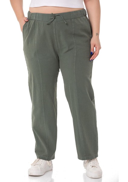 Büyük Beden Beli Lastikli ve Ip Büzgü Detaylı Haki Pantolon