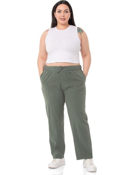 Büyük Beden Beli Lastikli ve Ip Büzgü Detaylı Haki Pantolon fiyatları