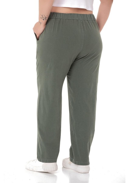 Büyük Beden Beli Lastikli ve Ip Büzgü Detaylı Haki Pantolon modelleri