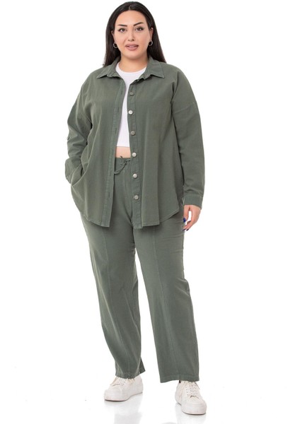 Büyük Beden Beli Lastikli ve Ip Büzgü Detaylı Haki Pantolon fırsatları