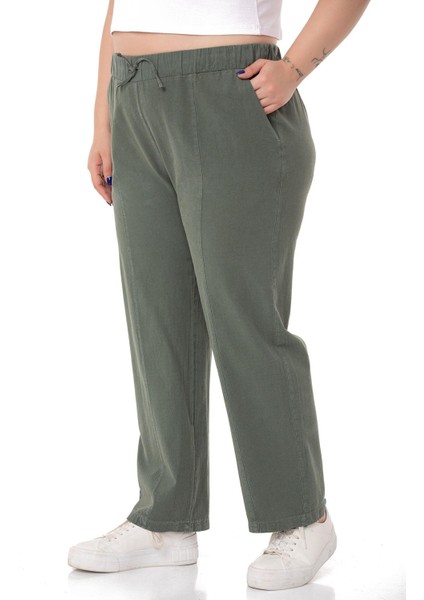 Büyük Beden Beli Lastikli ve Ip Büzgü Detaylı Haki Pantolon indirimleri
