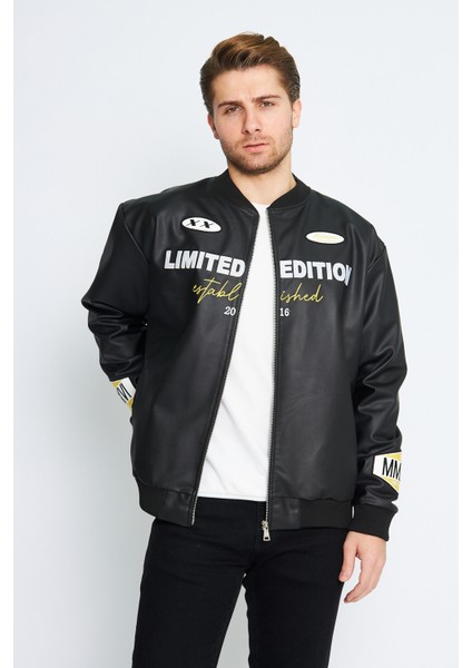 Oversize Deri Homme Nakış Işlemeli Bomber Ceket