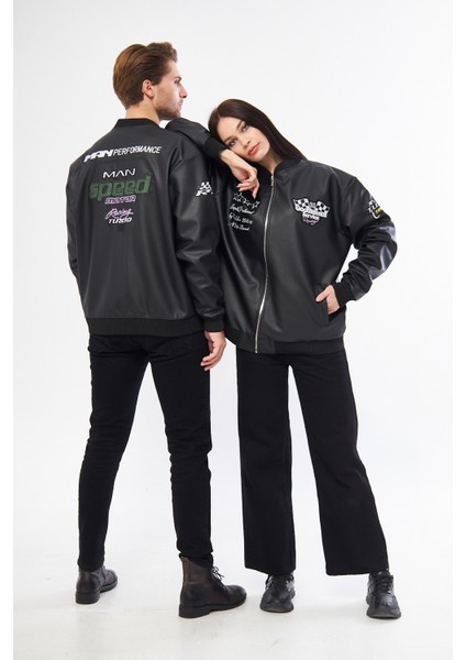 Oversize Suni Deri Motosport Astarlı Bomber Ceket