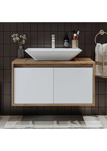 Banos Banyo Roomart Ld7 Ayaksız 2 Kapaklı Lavabolu Ahşap-Mat Beyaz Mdf 85 cm Banyo Dolabı