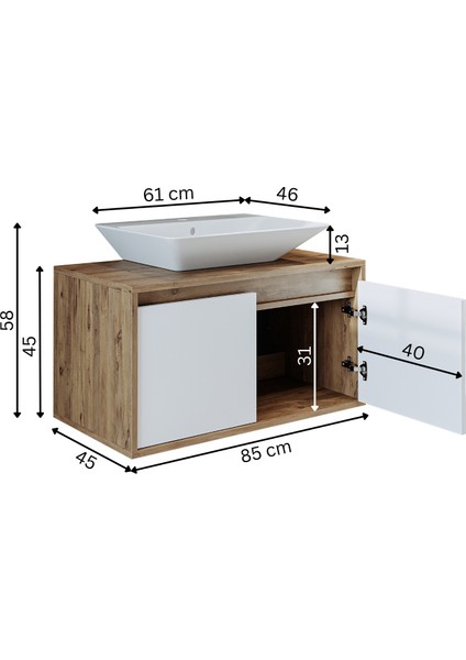 Banos Banyo Roomart Ld7 Ayaksız 2 Kapaklı Lavabolu Ahşap-Mat Beyaz Mdf 85 cm Banyo Dolabı