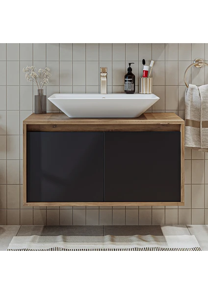 Banos Banyo Roomart Ld7 Ayaksız 2 Kapaklı Lavabolu Ahşap-Antrasit Mdf 85 cm Banyo Dolabı BANOS1706