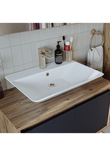 Roomart Ld7 Ayaksız 2 Kapaklı Lavabolu Ahşap-Antrasit Mdf 85 cm Banyo Dolabı BANOS1706