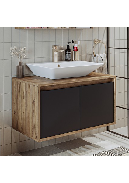 Roomart Ld7 Ayaksız 2 Kapaklı Lavabolu Ahşap-Antrasit Mdf 85 cm Banyo Dolabı BANOS1706