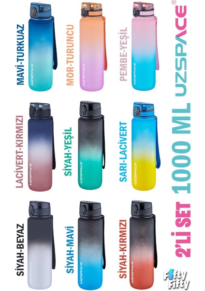 2'li Tritan Matara Seti 1000ML Büyük Boy Çift Renk Softtouch Ff Collection Tritan Su Matarası