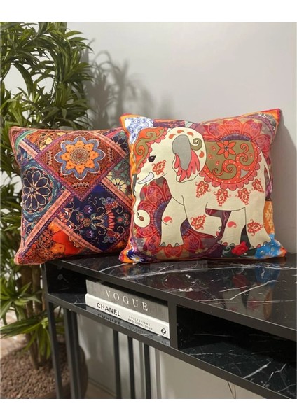 Fil Desenli Çift Taraflı Dekoratif 2'li Kombin Kırlent Kılıfı Seti