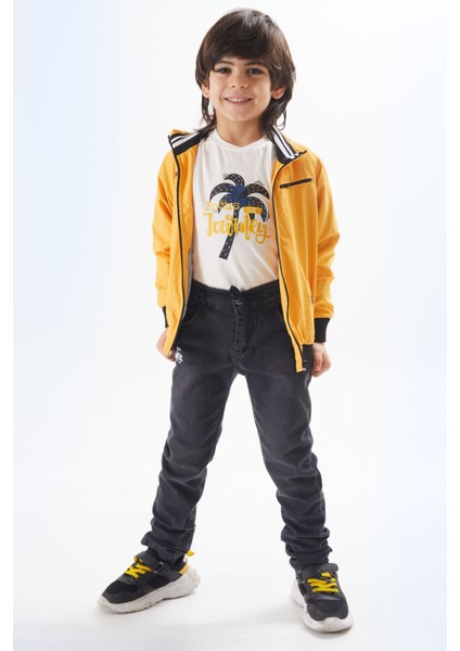 Hardal Palmiye Baskılı Tişörtlü Erkek Çocuk Ceketli 3lü Takım 17700
