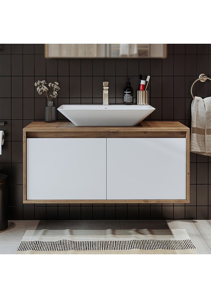 Roomart Ld7 Ayaksız 2 Kapaklı Lavabolu Ahşap-Mat Beyaz Mdf 100 cm Banyo Dolabı