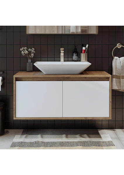 Banos Banyo Roomart Ld7 Ayaksız 2 Kapaklı Lavabolu Ahşap-Mat Beyaz Mdf 100 cm Banyo Dolabı