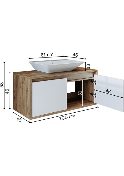 Roomart Ld7 Ayaksız 2 Kapaklı Lavabolu Ahşap-Mat Beyaz Mdf 100 cm Banyo Dolabı