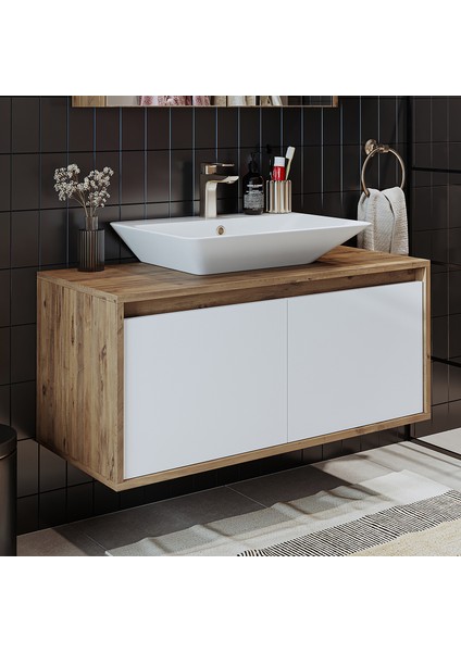 Roomart Ld7 Ayaksız 2 Kapaklı Lavabolu Ahşap-Mat Beyaz Mdf 100 cm Banyo Dolabı