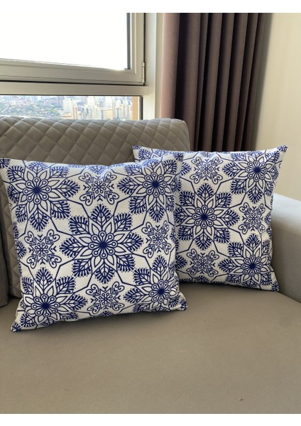 Lacivert Beyaz Renk Çift Taraflı Dekoratif 2'li Kırlent Kılıfı Seti