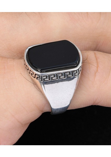 Gümüş Siyah Oniks Taşlı 925 Ayar Gümüş Erkek Yüzüğü Flat Tasarım