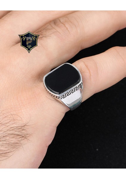 Gümüş Siyah Oniks Taşlı 925 Ayar Gümüş Erkek Yüzüğü Flat Tasarım fırsatları