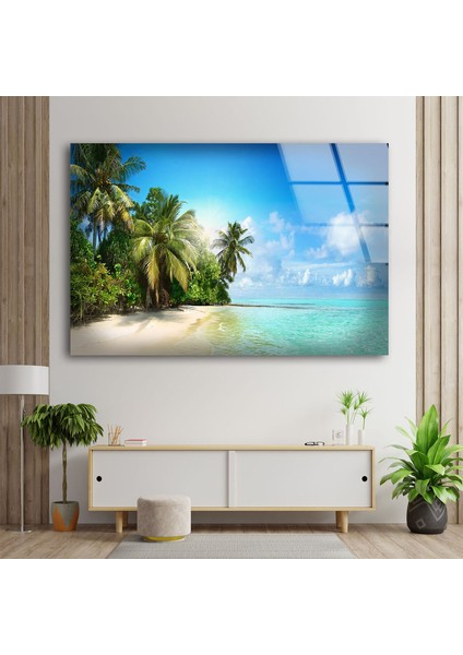Tropikal Palmiye Ağaçları Cam Duvar Tablosu