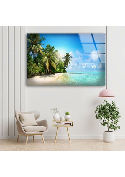 Tropikal Palmiye Ağaçları Cam Duvar Tablosu modelleri