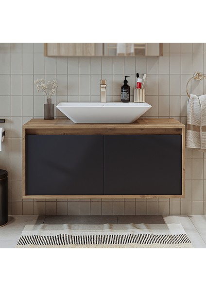 Banos Banyo Roomart Ld7 Ayaksız 2 Kapaklı Lavabolu Ahşap-Antrasit Mdf 100 cm Banyo Dolabı BANOS1703