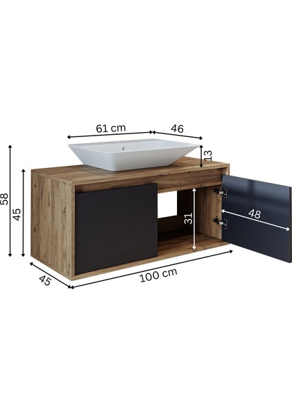 Banos Banyo Roomart Ld7 Ayaksız 2 Kapaklı Lavabolu Ahşap-Antrasit Mdf 100 cm Banyo Dolabı BANOS1703