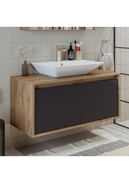 Banos Banyo Roomart Ld7 Ayaksız 2 Kapaklı Lavabolu Ahşap-Antrasit Mdf 100 cm Banyo Dolabı BANOS1703