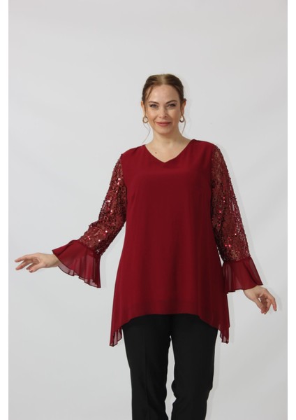 1939 Kolu Pullu Şifon Büyük Beden Şık Bluz fırsatları