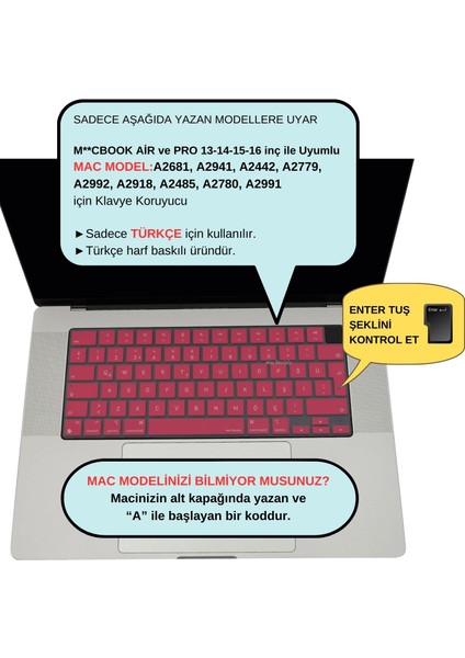 Macbook Air Pro Klavye Kılıfı Türkçe Q A2681 A2941 A2442 A2485 A2779-80 A2992-91-18 Uyumlu