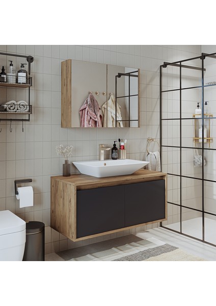 Banos Banyo Roomart Tm7.2 Lavabolu Ahşap-Antrasit Mdf 100 cm Banyo Dolabı + Aynalı Banyo Üst Dolabı BANOS1709