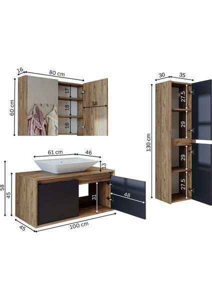 Roomarttm7.3 Lavabolu Ahşap-Antrasit Mdf 100CM Banyo Dolabı+Aynalı Banyo Üst Dolabı+Banyo Boy Dolabı