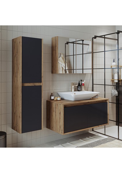 Roomarttm7.3 Lavabolu Ahşap-Antrasit Mdf 100CM Banyo Dolabı+Aynalı Banyo Üst Dolabı+Banyo Boy Dolabı