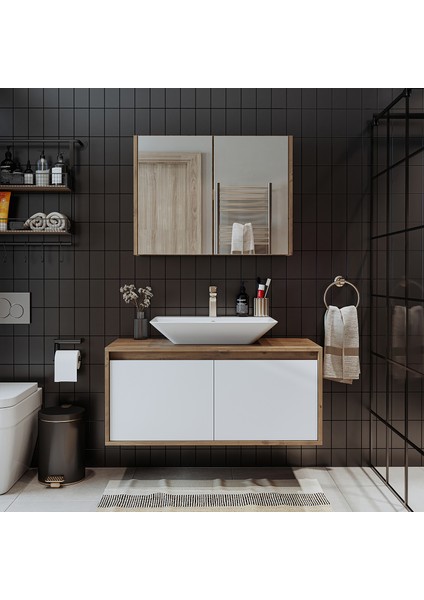 Banos Banyo Roomart Tm7.2 Ayaksız 2 Kapaklı Lavabolu Ahşap-Mat Beyaz Mdf 100 cm Banyo Dolabı + Aynalı Banyo Üst Dolabı