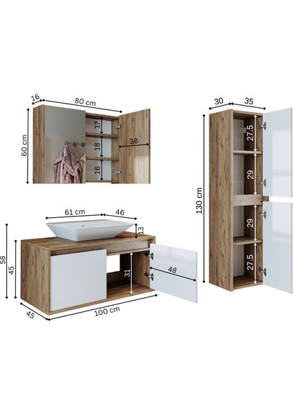 Roomart tm7.3 Lavabolu Ahşap-Mat Beyaz Mdf 100 cm Banyo Dolabı+Aynalı Banyo Üst Dolap+Banyo Boy Dolabı