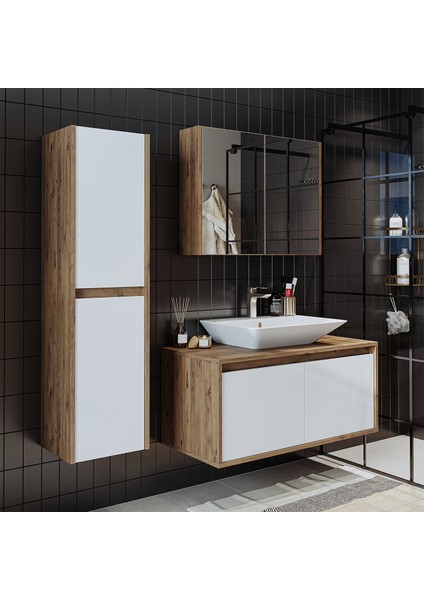 Roomart tm7.3 Lavabolu Ahşap-Mat Beyaz Mdf 100 cm Banyo Dolabı+Aynalı Banyo Üst Dolap+Banyo Boy Dolabı