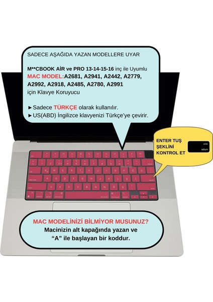 Macbook Air Pro Klavye Kılıfı US-TR Baskı A2681 A2941 A2442-85 A2779-80 A2992-18 A2991 Uyumlu