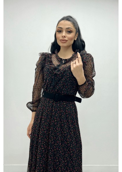 Tül Kumaş Flog Baskı Çiçekli Midi Elbise - Siyah