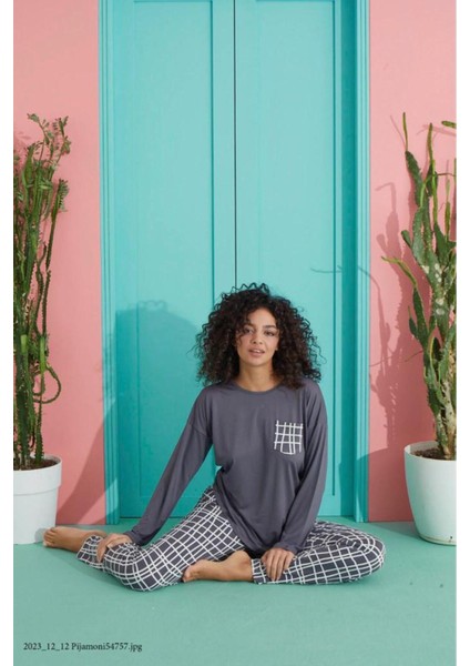 Uzun Kollu Milan Ipekli Kumaş Kadın Pijama Takımı