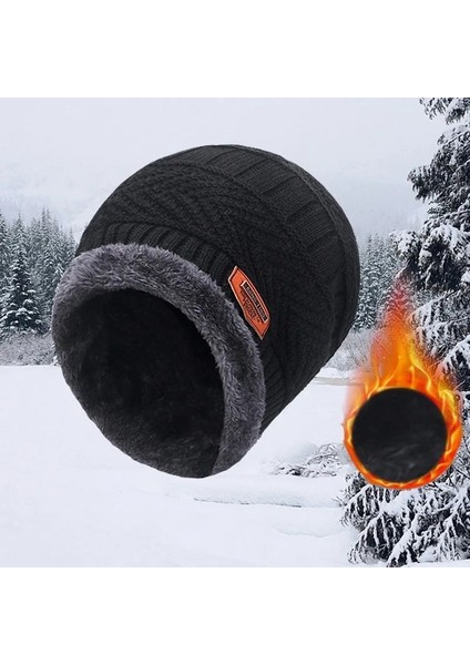 Cap-Black Style Tek Boyut Winter Beanie Hat For Men Fleece Scarf Women Knitted Hat Warm Cap Thick Wool Neck Warmer Scarf Balaclava Mask Skullies Beanies (Yurt Dışından)