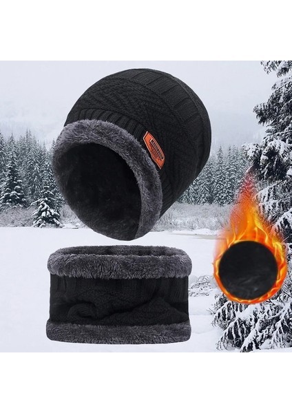 Cap And Scarf-Black Style Kışlık Şapkalar Erkek Şapka Örme Sıcak Balaclava Outdoor Bere Eşarp Seti (Yurt Dışından)