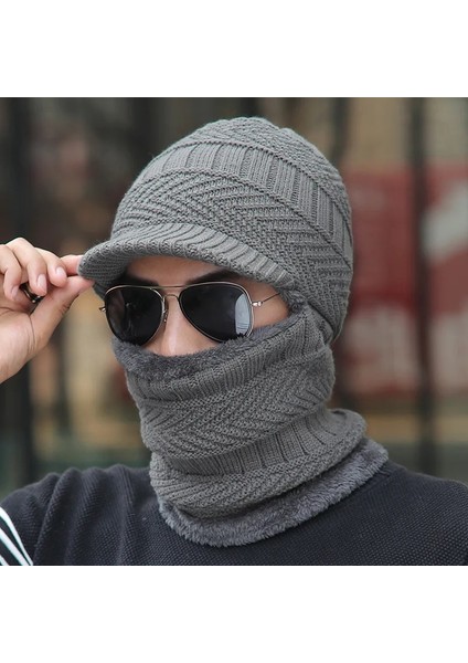 B Gri Tarzı Bandana Eşarp Bandana Şapka Sonbahar ve Kış Binme Sıcak Yün Kap Erkek Fermuar Örgü Kap Yastıklı Kazak Kap Eşarp Maskesi (Yurt Dışından)