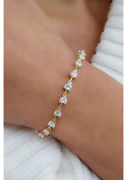 Swarovski Taşlı 925AYAR Gümüş Üzerine Altın Kaplama Kalp Su Yolu Bileklik