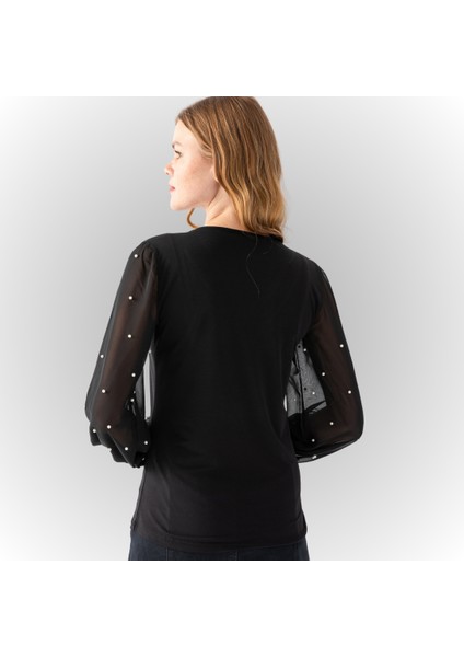 Kadın Siyah V Yaka Kolları Inci Detaylı Transparan Kollu Jarse Bluz modelleri